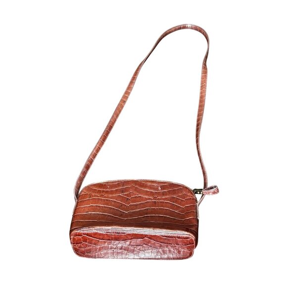 Croc-Embossed Crossbody Bag With Adjustable Strap & Zipper Closure In Rich Brown - Picture 4 of 12